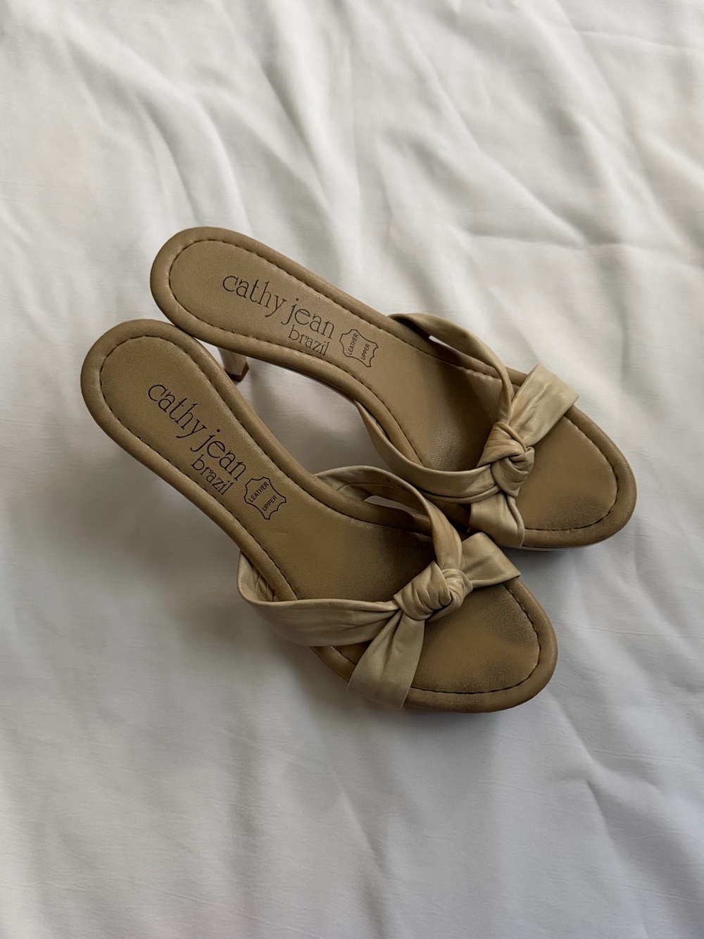Cathy Jean Beige Leather Knotted Slide Heels